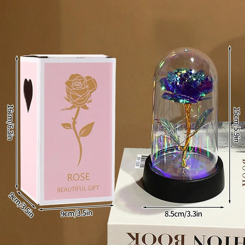 Rose éternelle artificielle avec lumière LED, fleur en feuille d'aluminium, couverture en verre, simulation de fleur, cadeaux de fête des mères, fournitures de fête