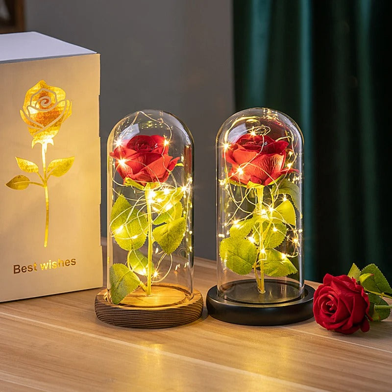 Rose éternelle artificielle avec lumière LED, fleur en feuille d'aluminium, couverture en verre, simulation de fleur, cadeaux de fête des mères, fournitures de fête