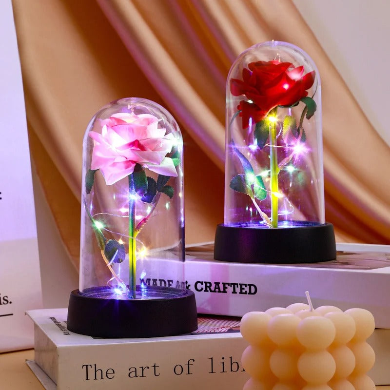 Rose éternelle artificielle avec lumière LED, fleur en feuille d'aluminium, couverture en verre, simulation de fleur, cadeaux de fête des mères, fournitures de fête