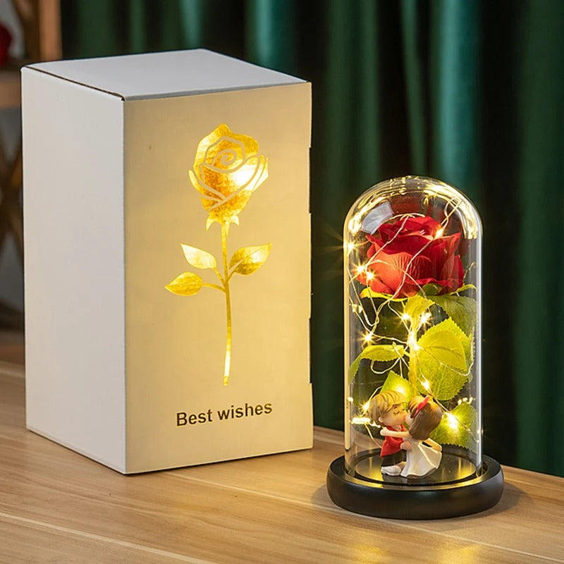 Rose éternelle artificielle avec lumière LED, fleur en feuille d'aluminium, couverture en verre, simulation de fleur, cadeaux de fête des mères, fournitures de fête